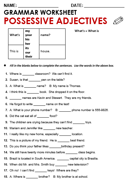 Possessive Adjective Worksheet Grade 1