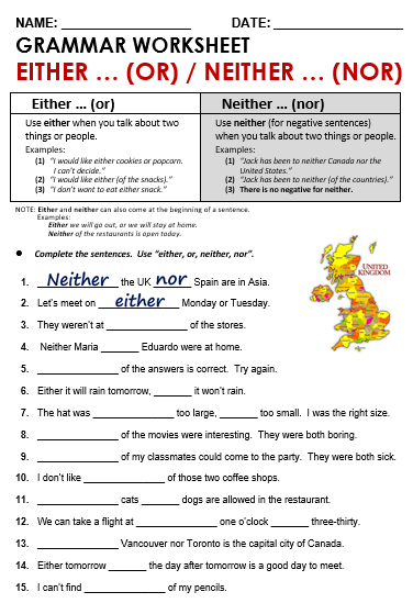 Grammar Worksheet Either Or Neither Nor - Example Worksheet Solving
